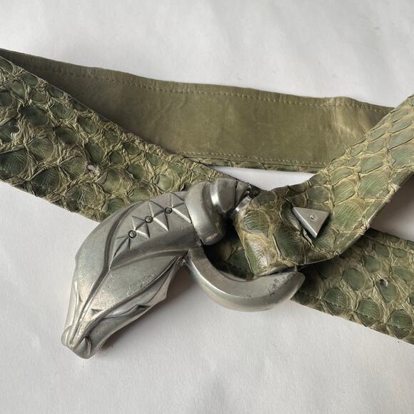 80s Snake Head Buckle Snakeskin Belt  Leather Vintage Giant Buckle Exotic Lthr - Picture 9 of 9